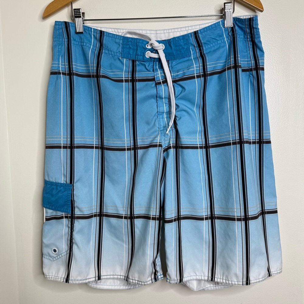 Joe Boxer Board Surf Shorts Men’s Size 34 Beach Pool Unlined Blue Black Grid